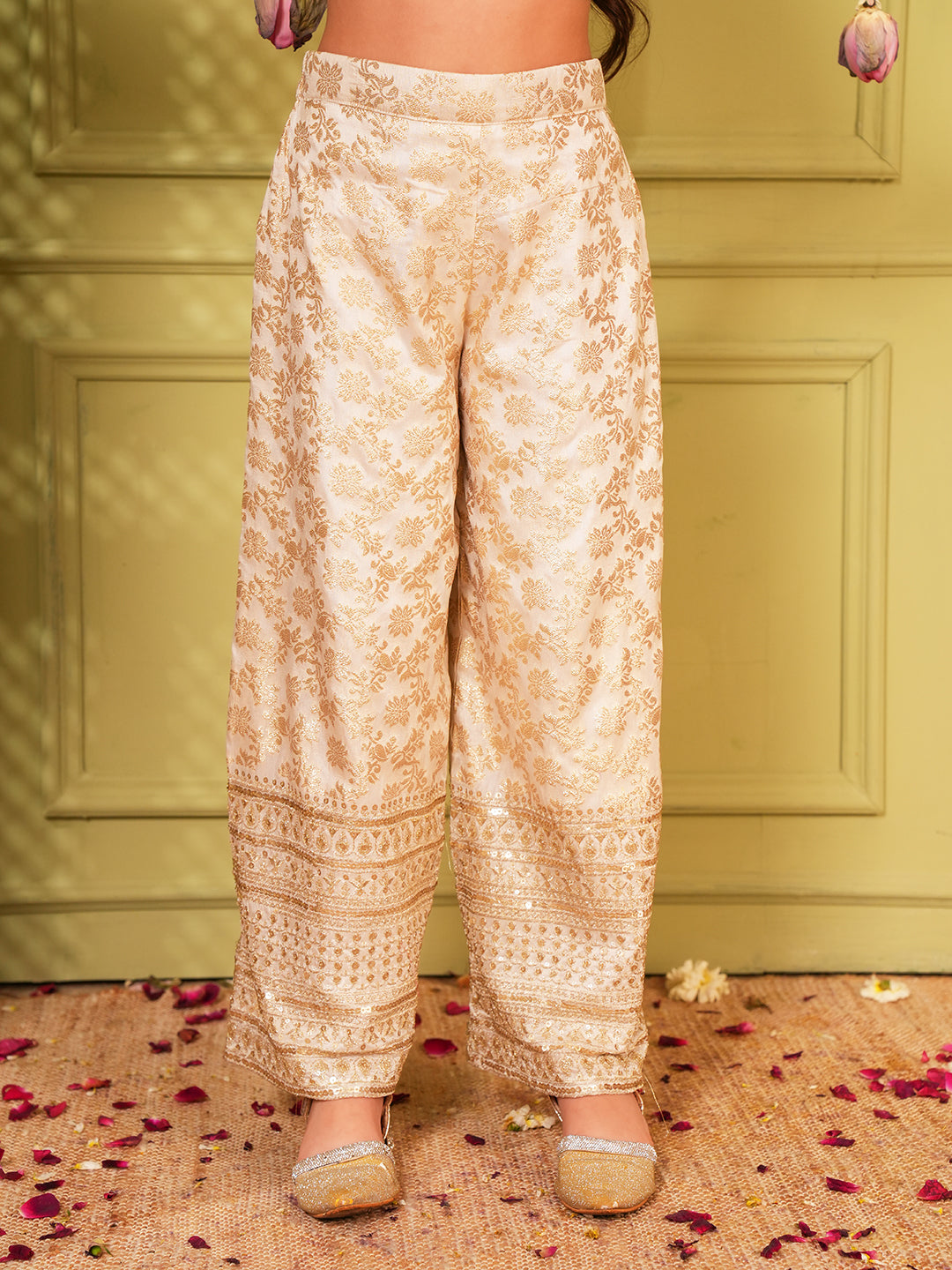 White Heavy Embroidered Brocade Kurti and Palazzo For Girls