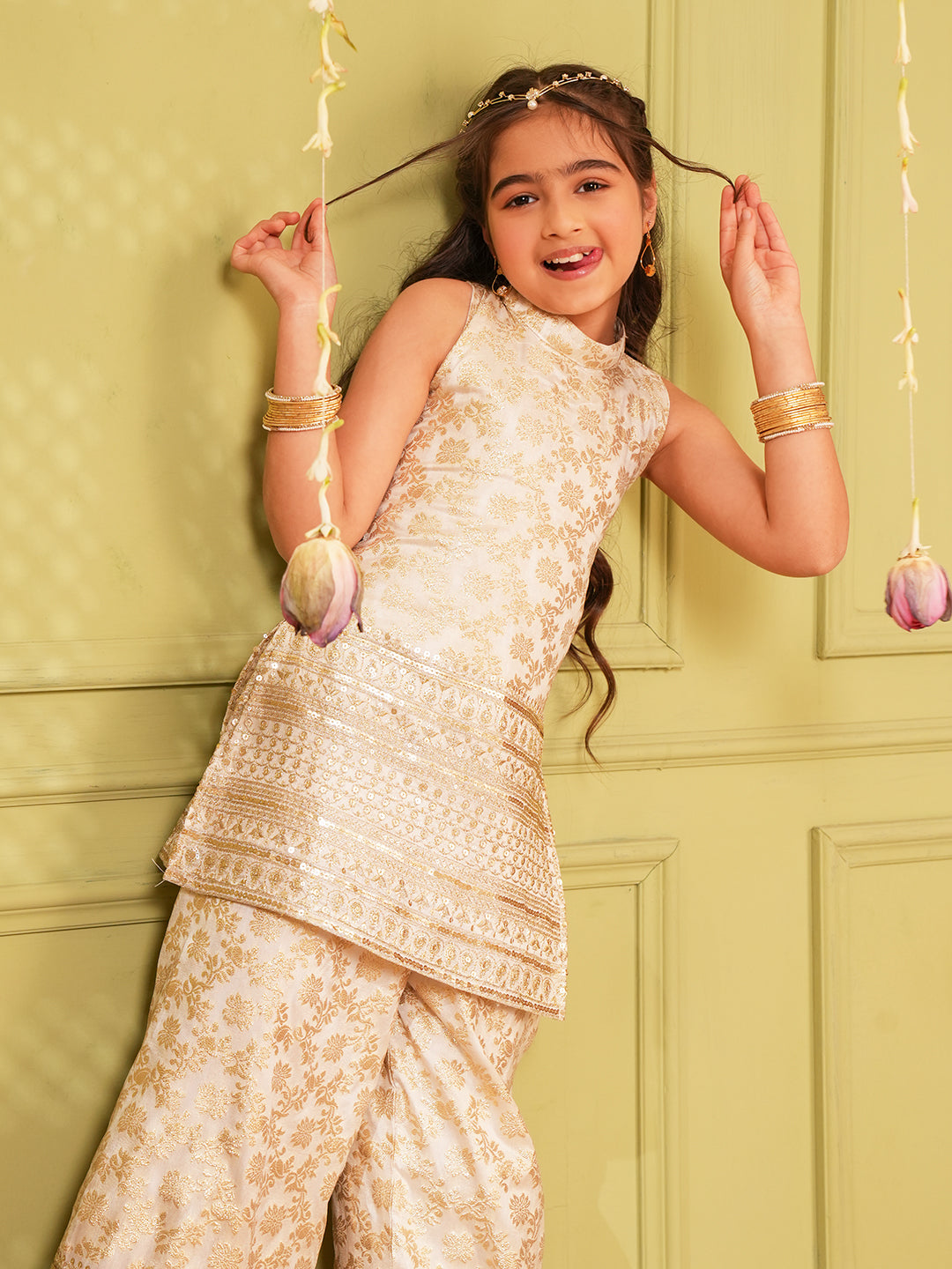 White Heavy Embroidered Brocade Kurti and Palazzo For Girls