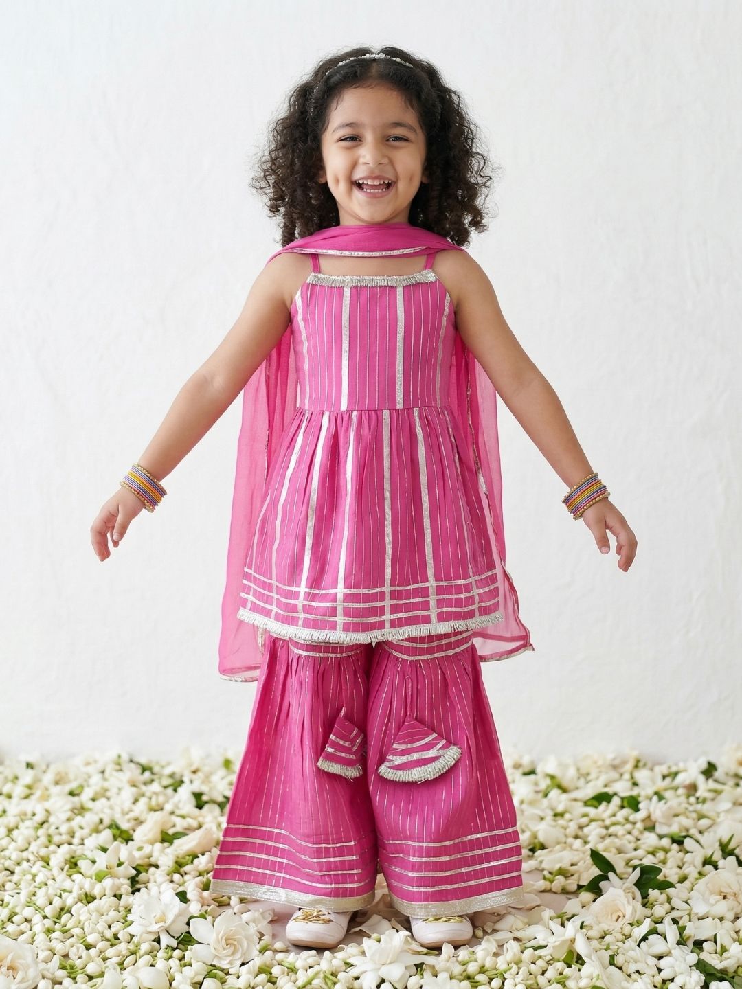 Pink Printed Pure Cotton Kurta Pyjama Waist Coat Set For Boys And Kurti and Sharara Set For Girls