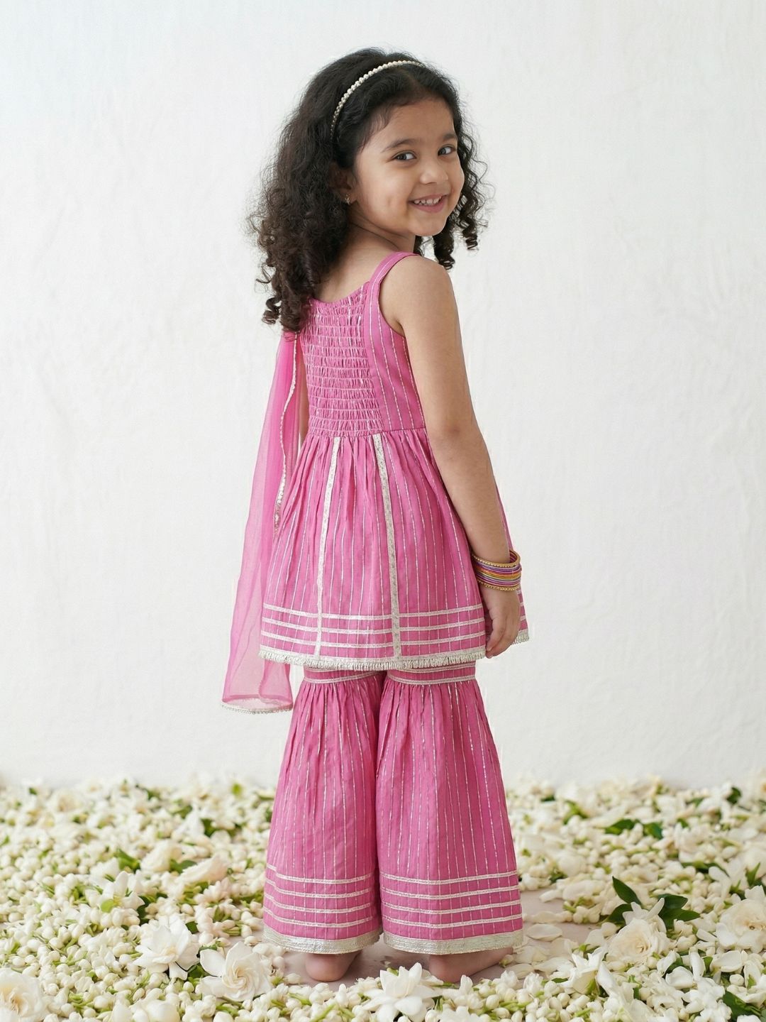 Pink Printed Pure Cotton Kurta Pyjama Waist Coat Set For Boys And Kurti and Sharara Set For Girls