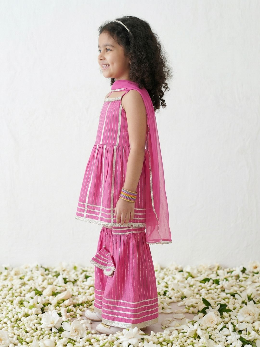 Pink Lurex Work Cotton Girls Suit Set For Girls