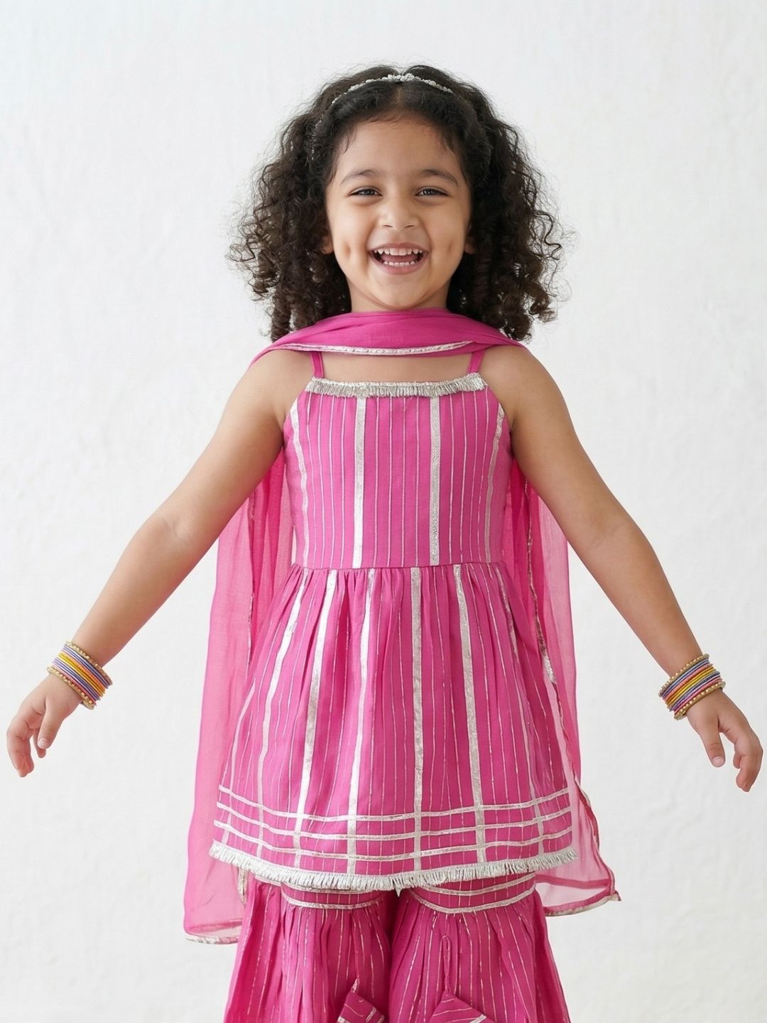 Pink Printed Pure Cotton Kurta Pyjama Waist Coat Set For Boys And Kurti and Sharara Set For Girls