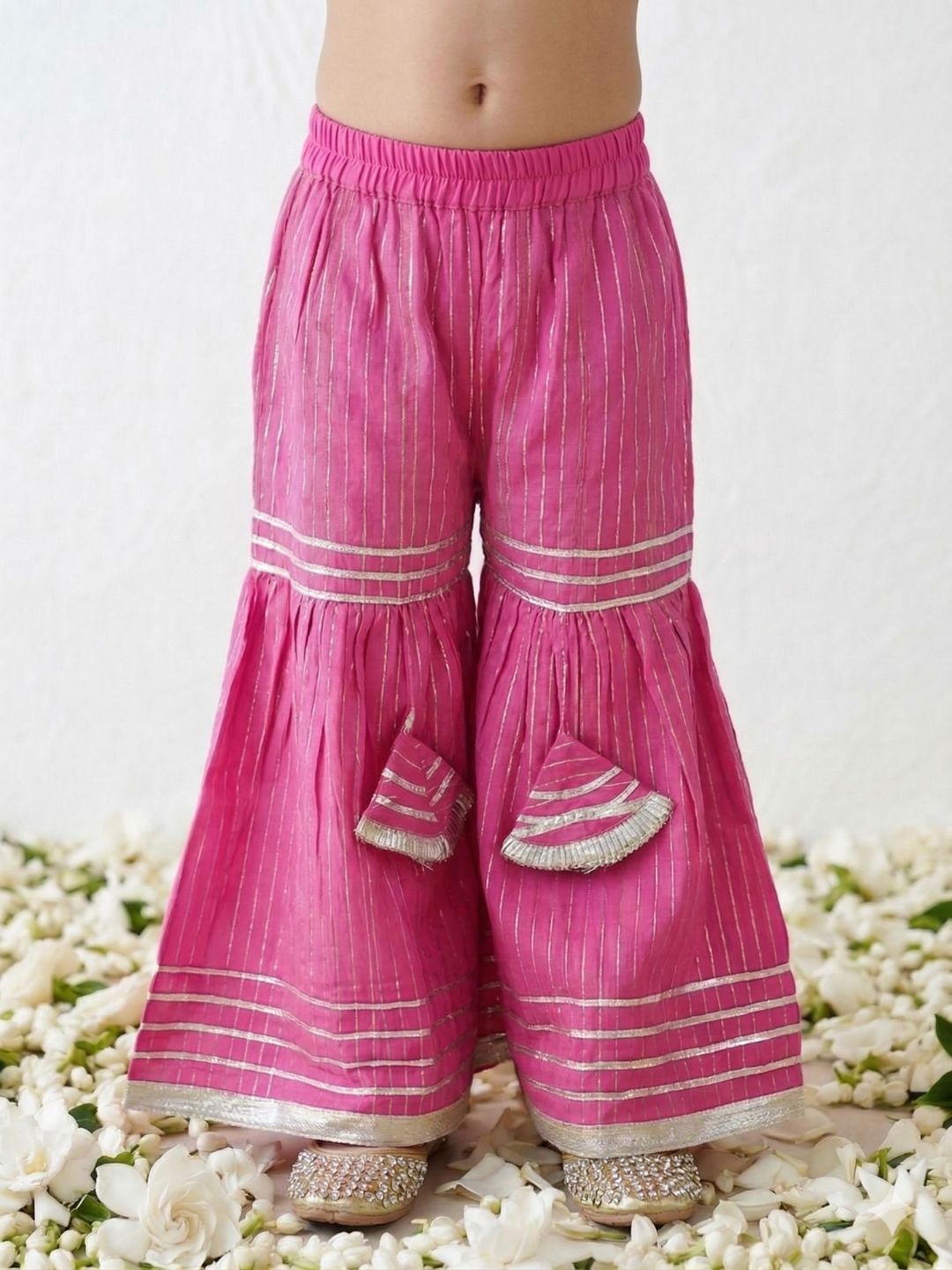 Pink Lurex Work Cotton Girls Suit Set For Girls