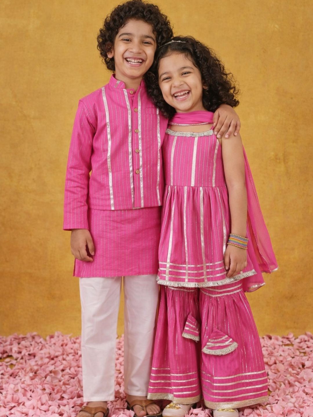 Pink Printed Pure Cotton Kurta Pyjama Waist Coat Set For Boys And Kurti and Sharara Set For Girls