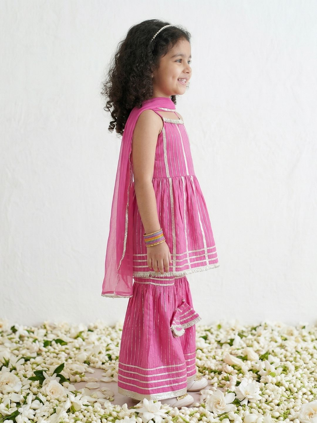 Pink Lurex Work Cotton Girls Suit Set For Girls