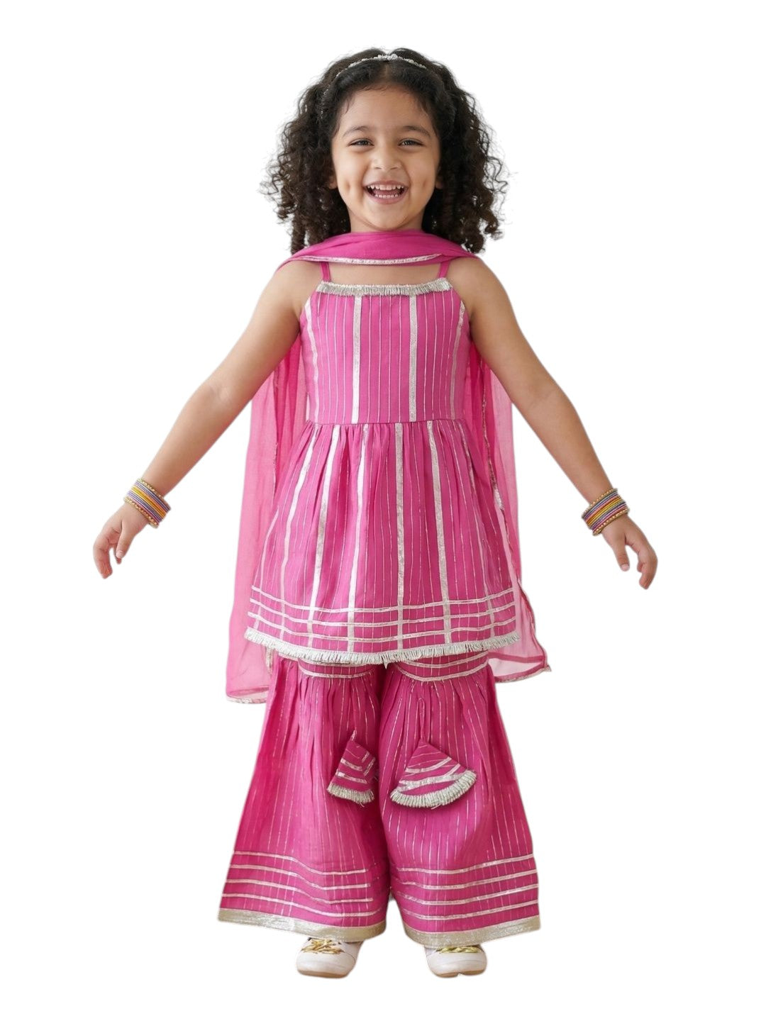Pink Lurex Work Cotton Girls Suit Set For Girls