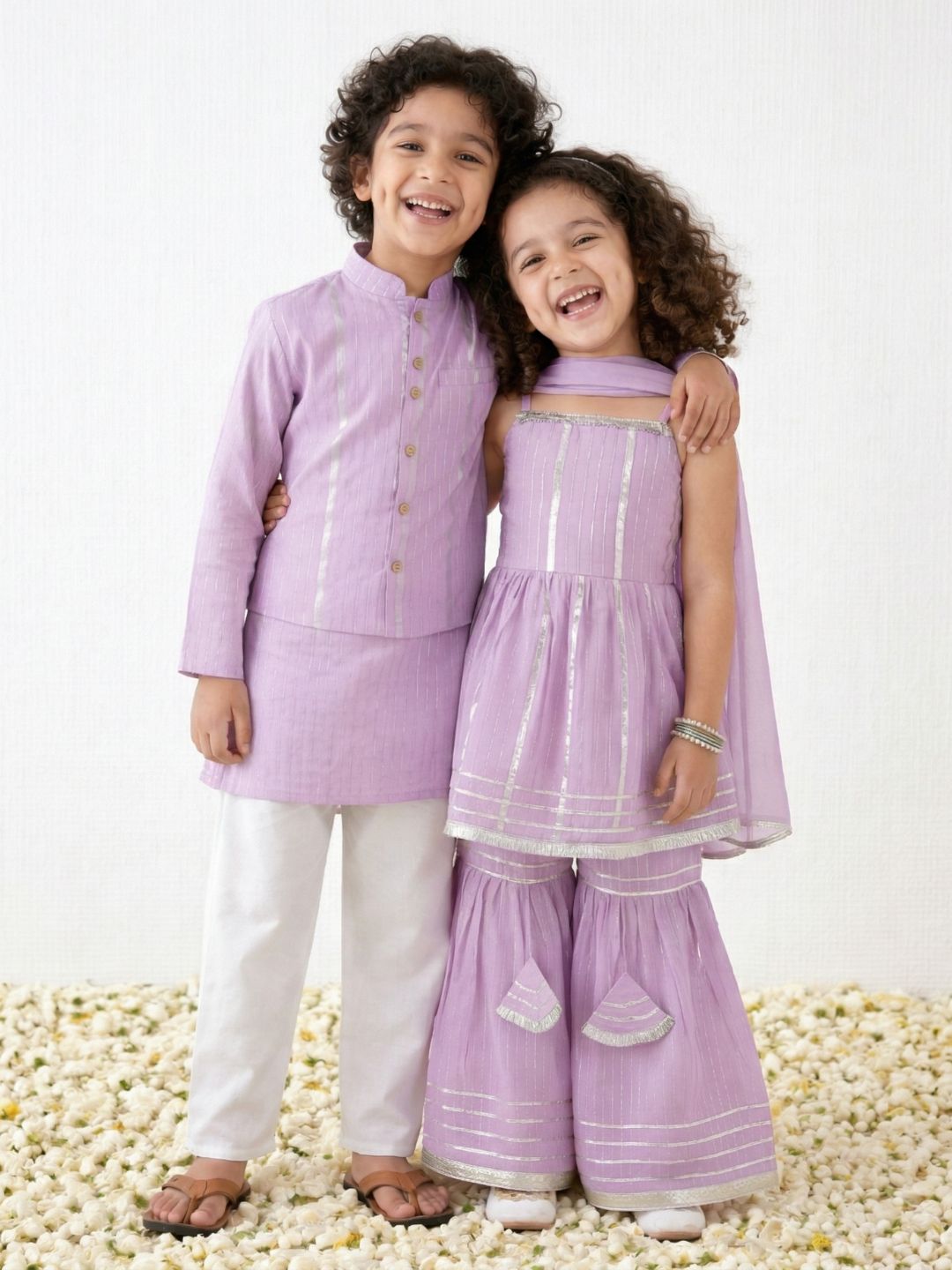 Purple Printed Pure Cotton Kurta Pyjama Waist Coat Set For Boys And Kurti and Sharara Set For Girls