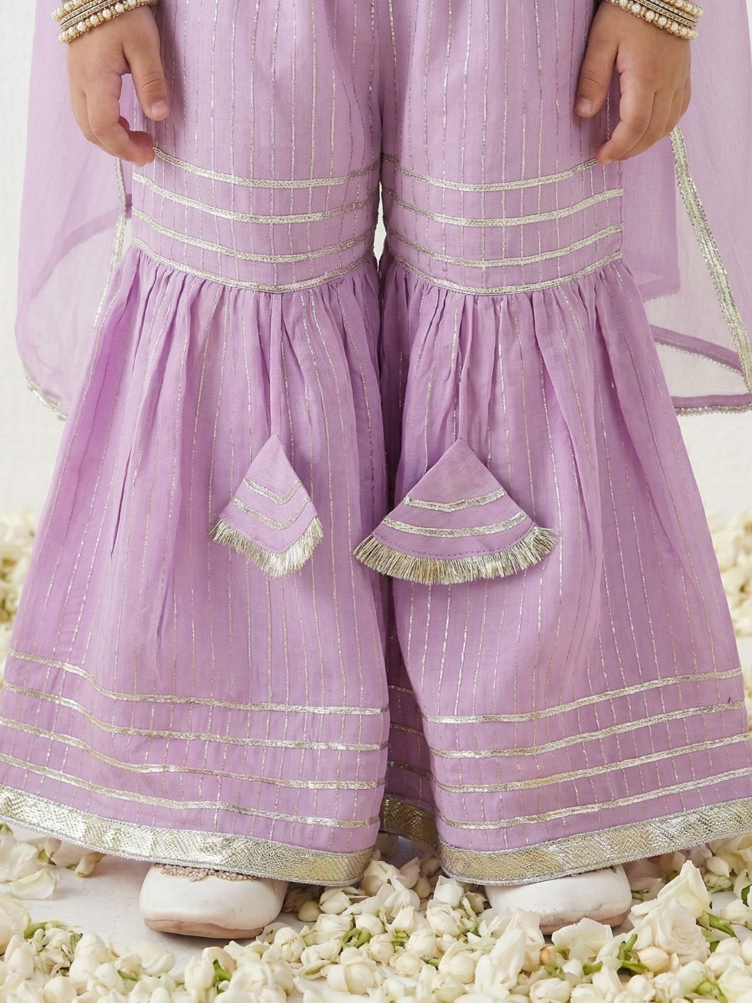 Purple Lurex Work Sleeveless Cotton Kurti Sharara With Dupatta Set For Kids Girls