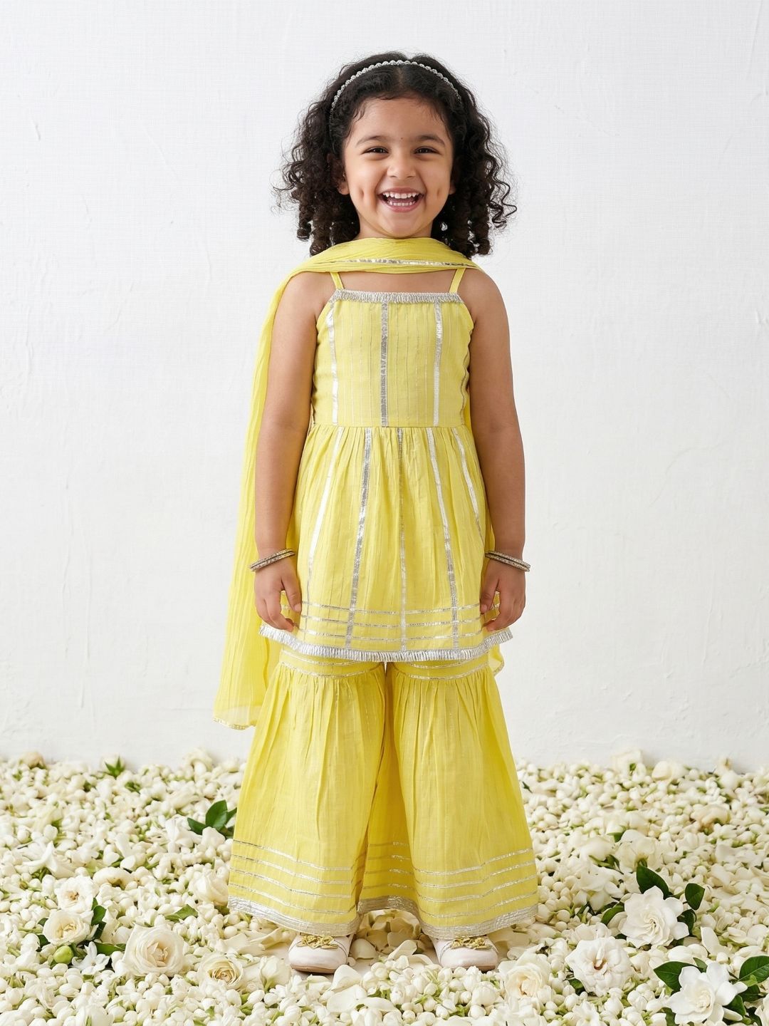 Yellow Printed Pure Cotton Kurta Pyjama Waist Coat Set For Boys And Kurti and Sharara Set For Girls