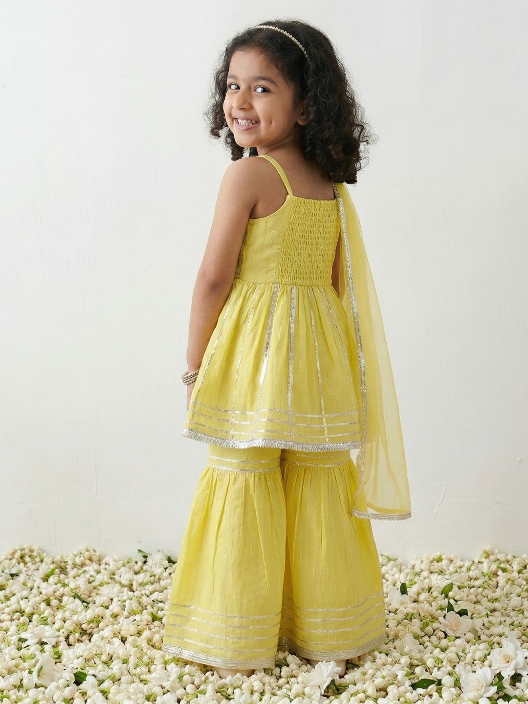 Yellow Printed Pure Cotton Kurta Pyjama Waist Coat Set For Boys And Kurti and Sharara Set For Girls