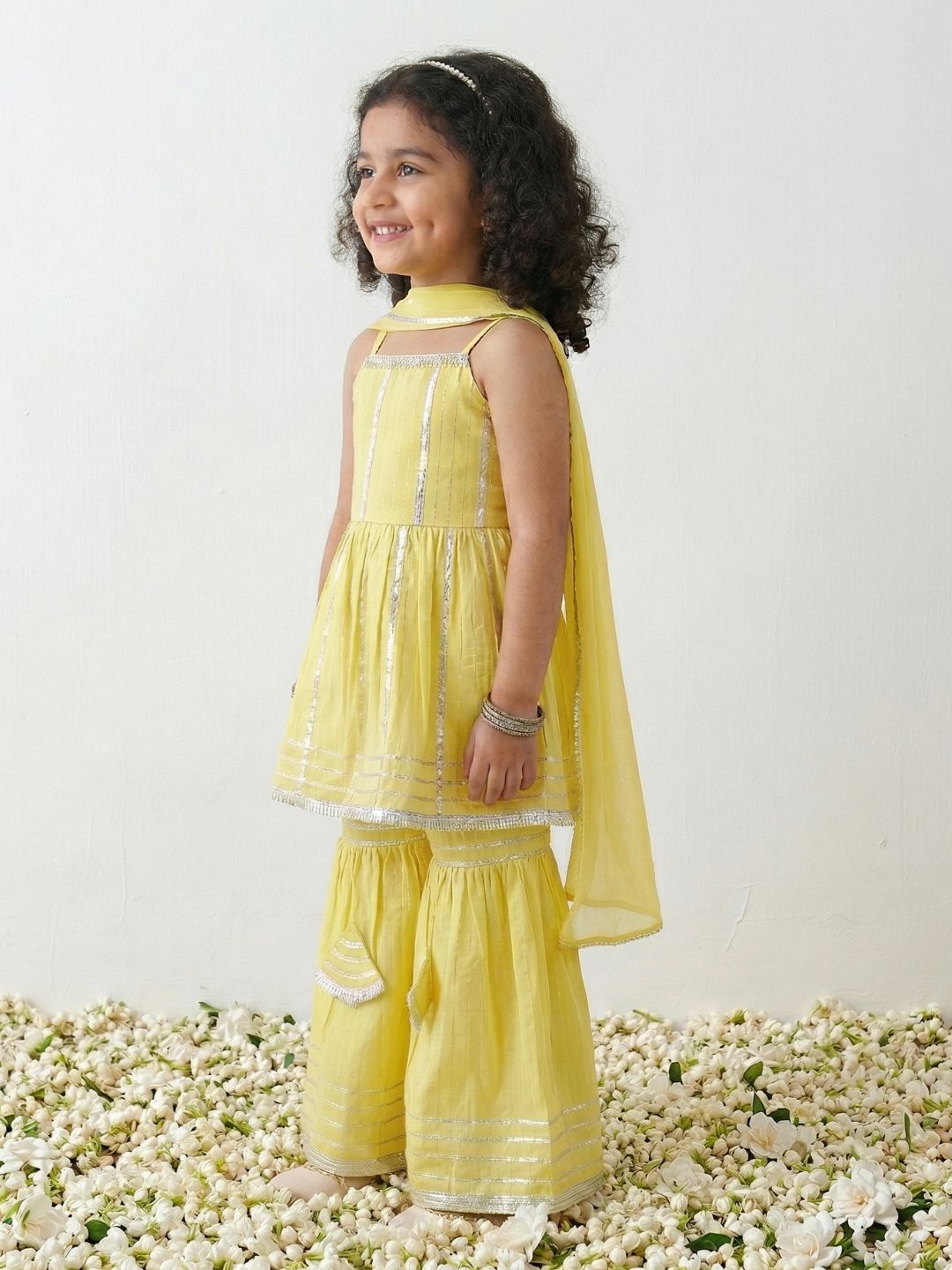 Yellow Lurex Work Sleeveless Cotton Kurti Sharara With Dupatta Set For Kids Girls
