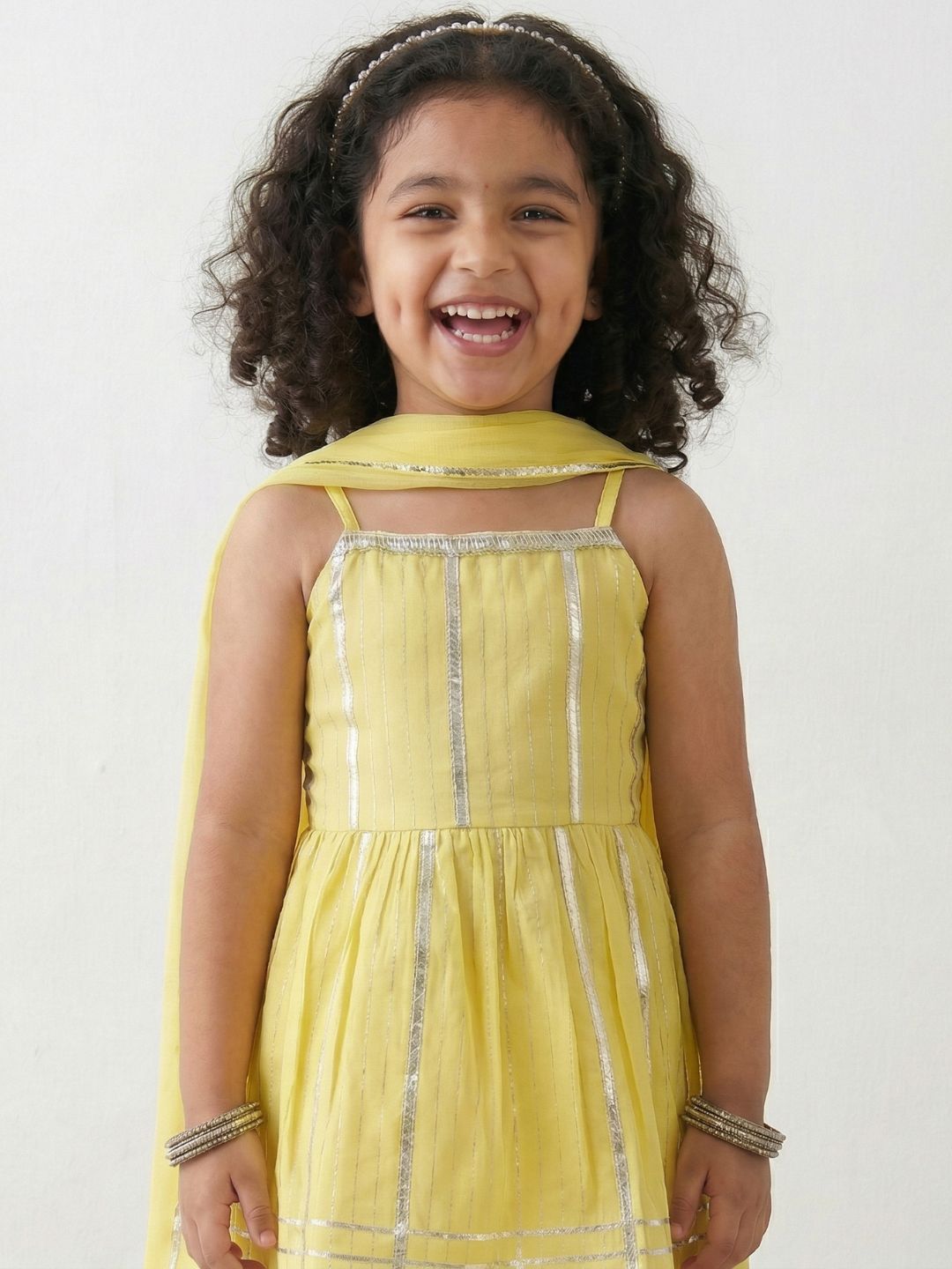 Yellow Lurex Work Sleeveless Cotton Kurti Sharara With Dupatta Set For Kids Girls
