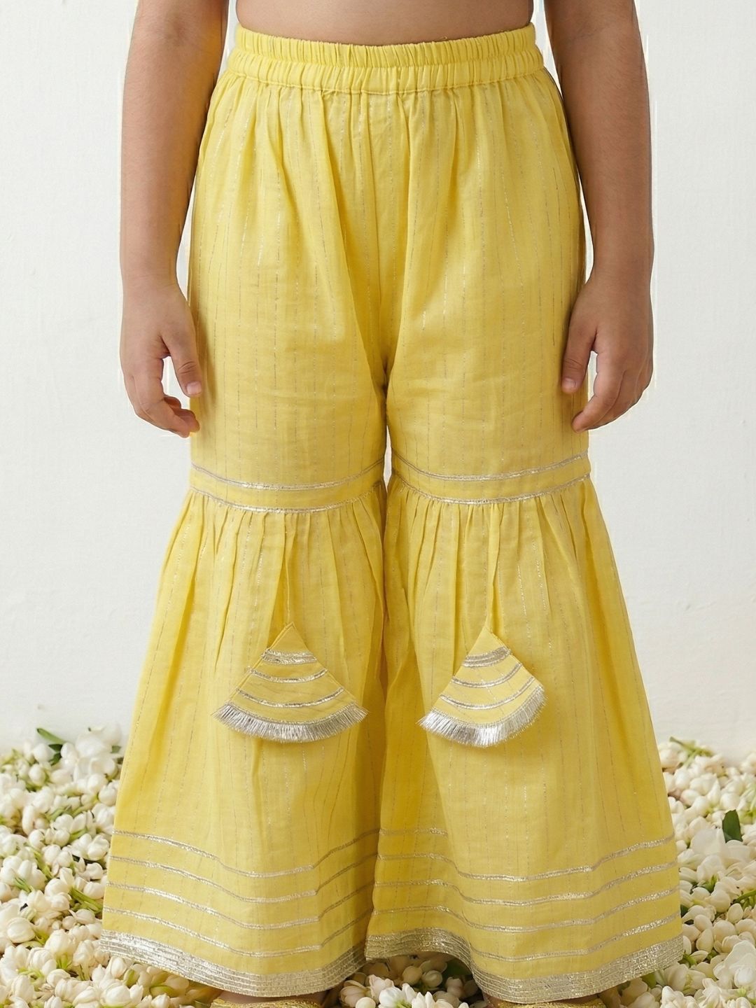 Yellow Printed Pure Cotton Kurta Pyjama Waist Coat Set For Boys And Kurti and Sharara Set For Girls