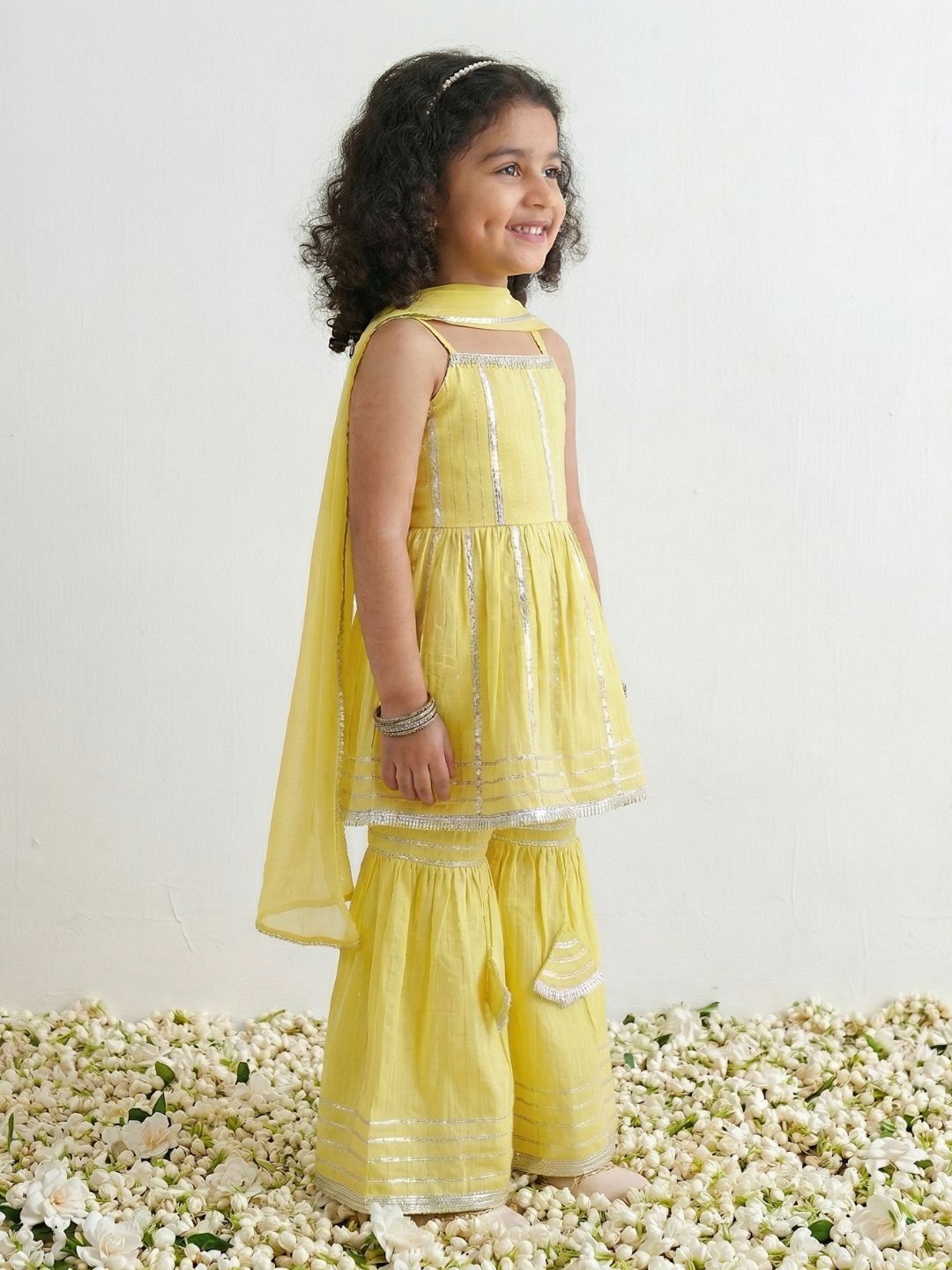 Yellow Printed Pure Cotton Kurta Pyjama Waist Coat Set For Boys And Kurti and Sharara Set For Girls