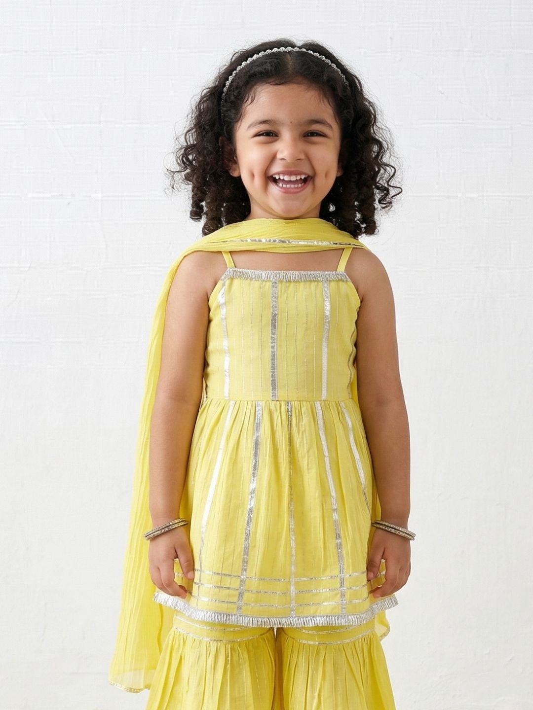Yellow Lurex Work Sleeveless Cotton Kurti Sharara With Dupatta Set For Kids Girls