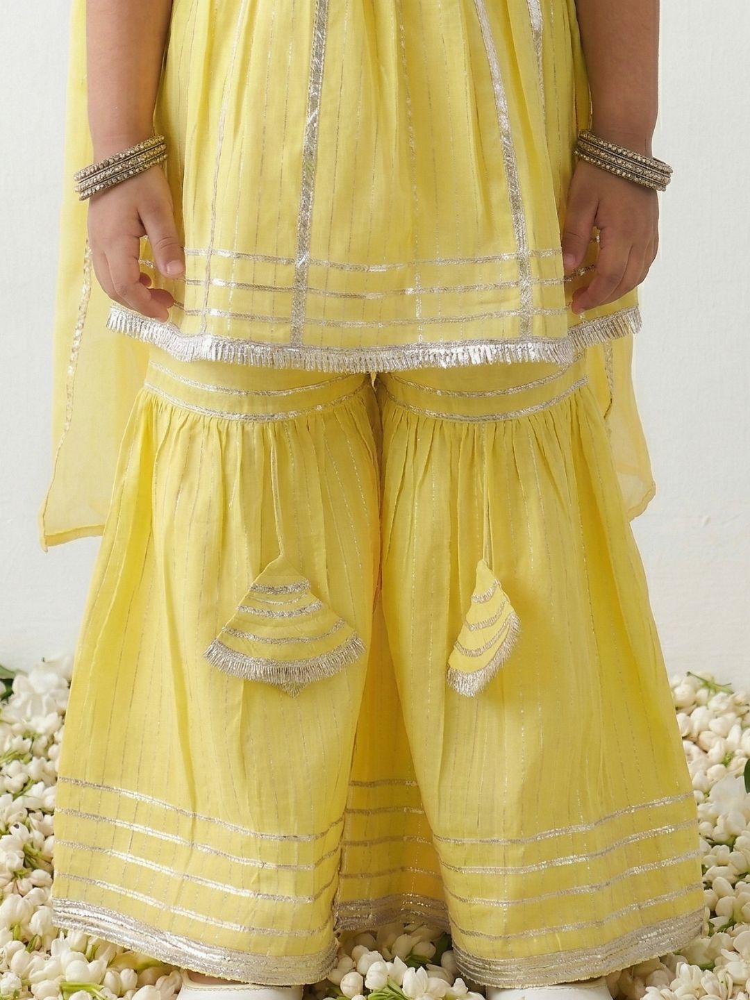 Yellow Lurex Work Sleeveless Cotton Kurti Sharara With Dupatta Set For Kids Girls