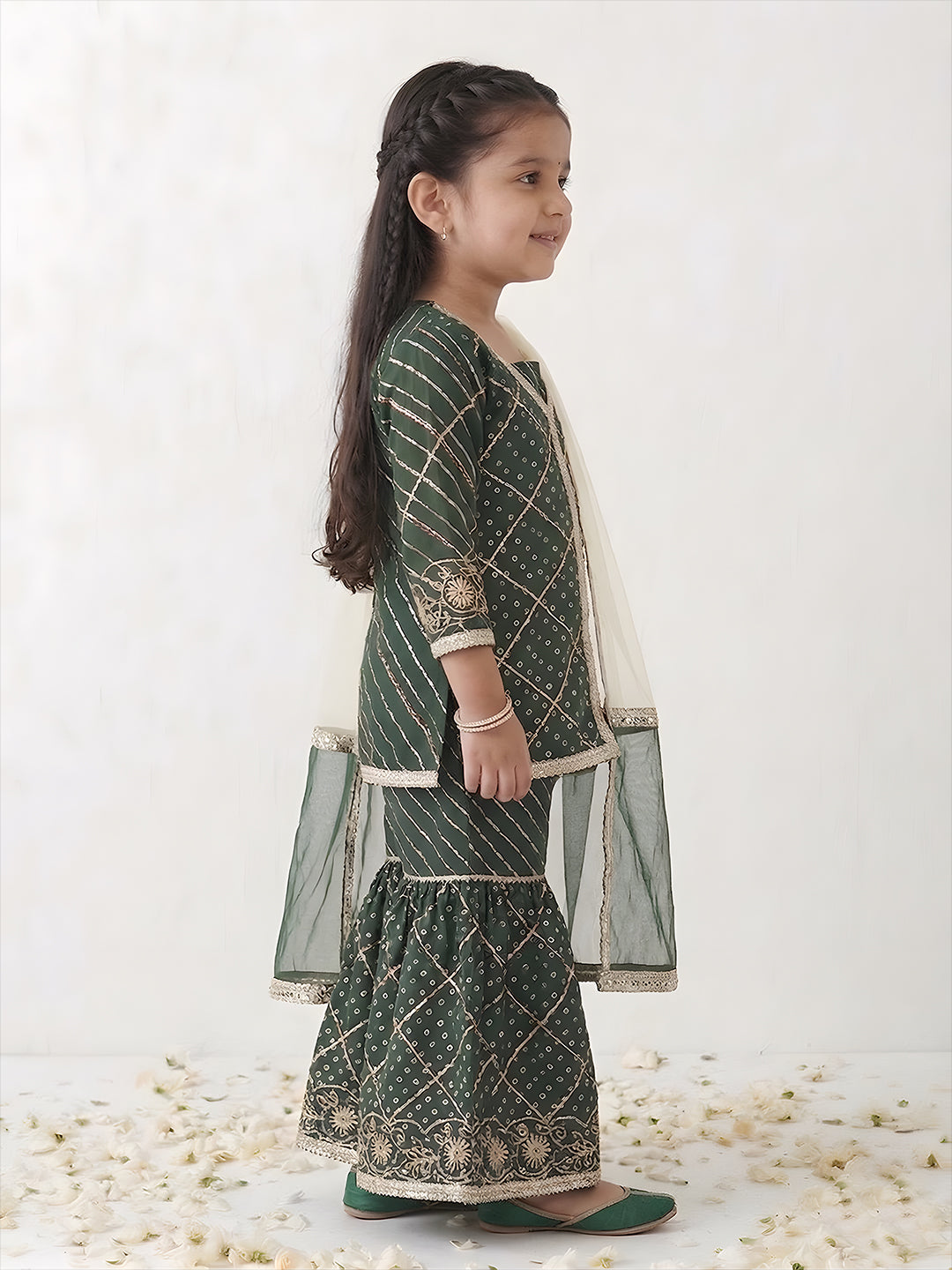 Green Sequins and Embroidery Georgette Girls Suit Set For Girls