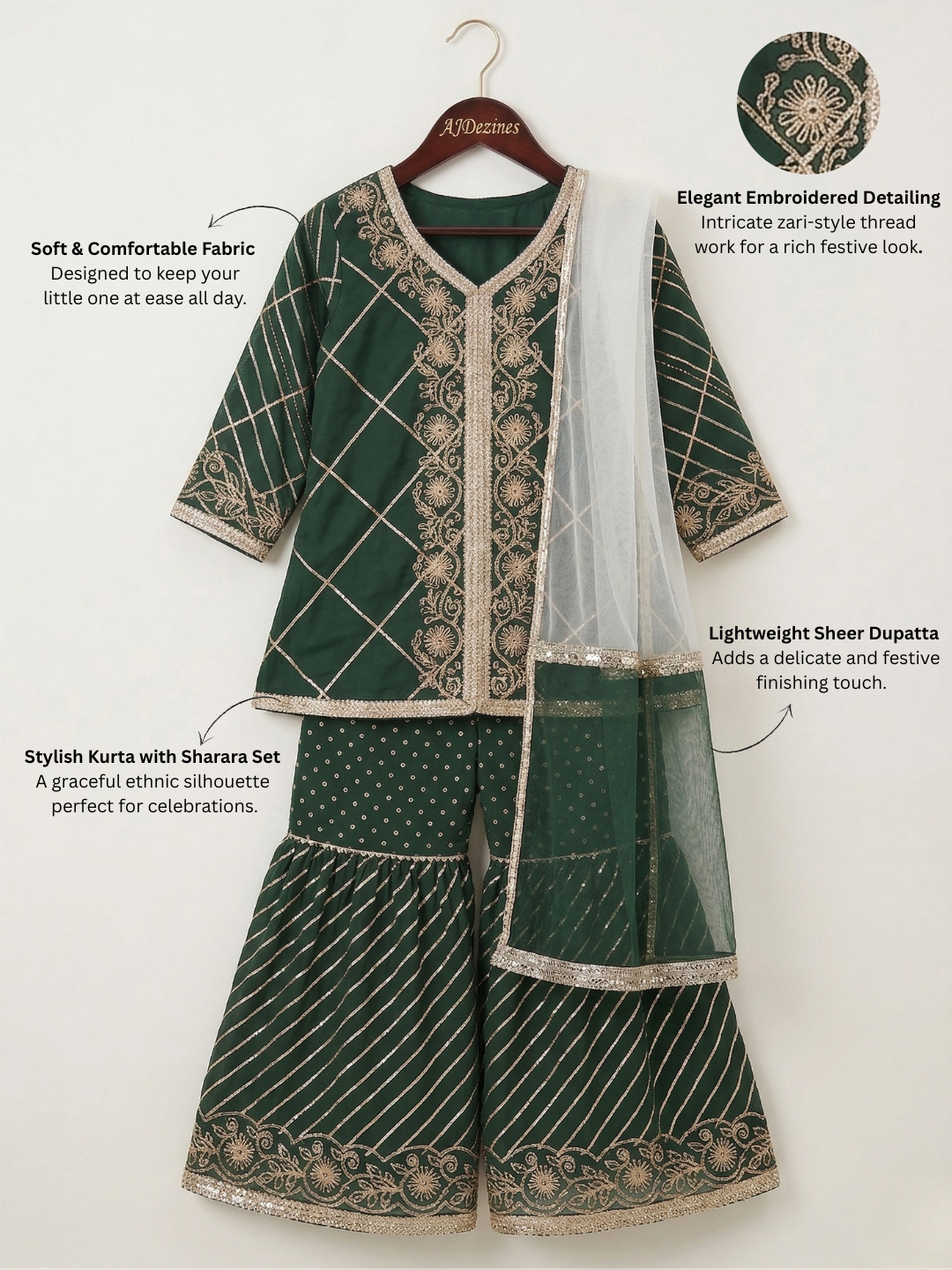 Green Sequins and Embroidery Georgette Girls Suit Set For Girls