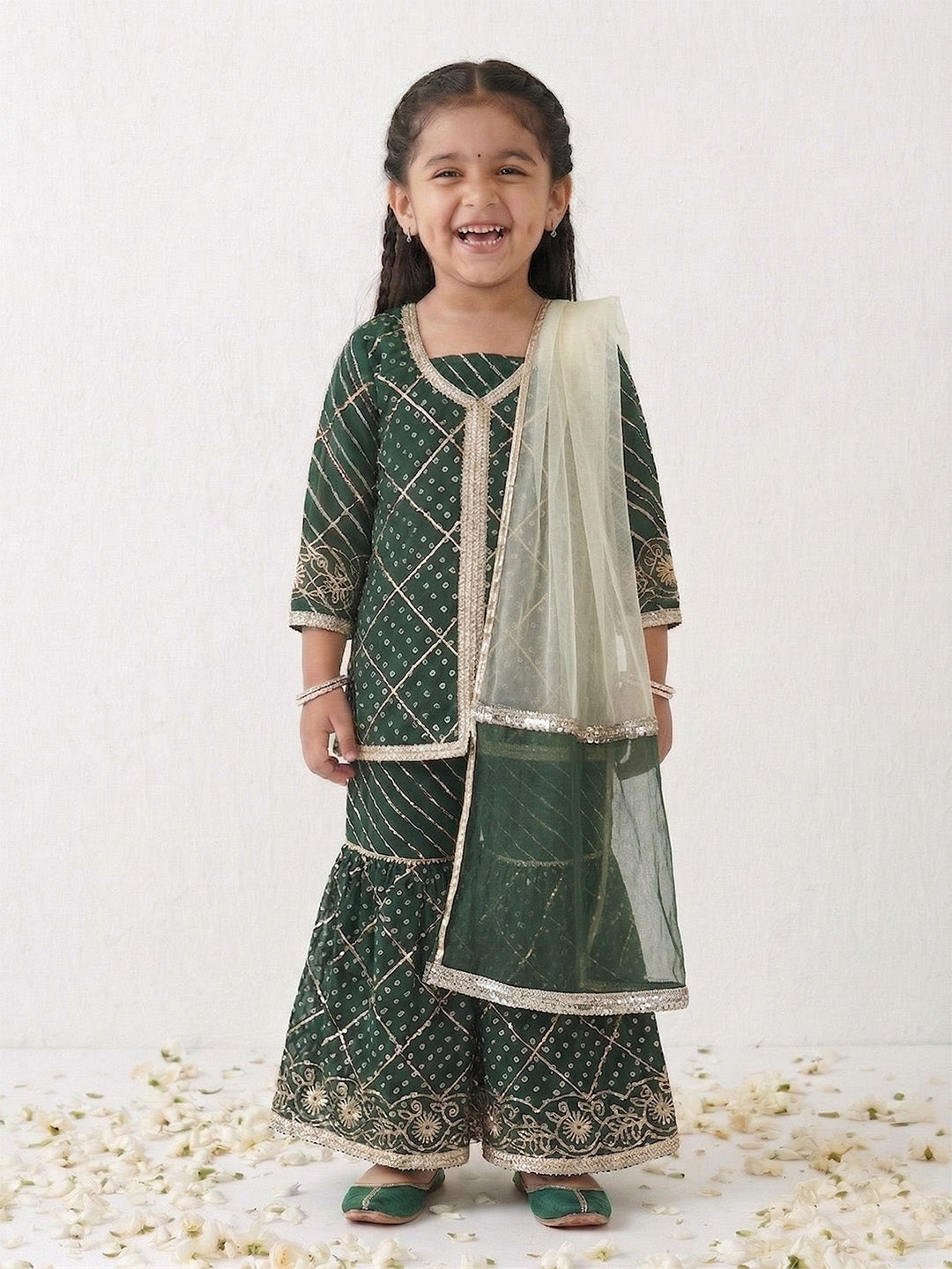 Green Sequins and Embroidery Georgette Girls Suit Set For Girls
