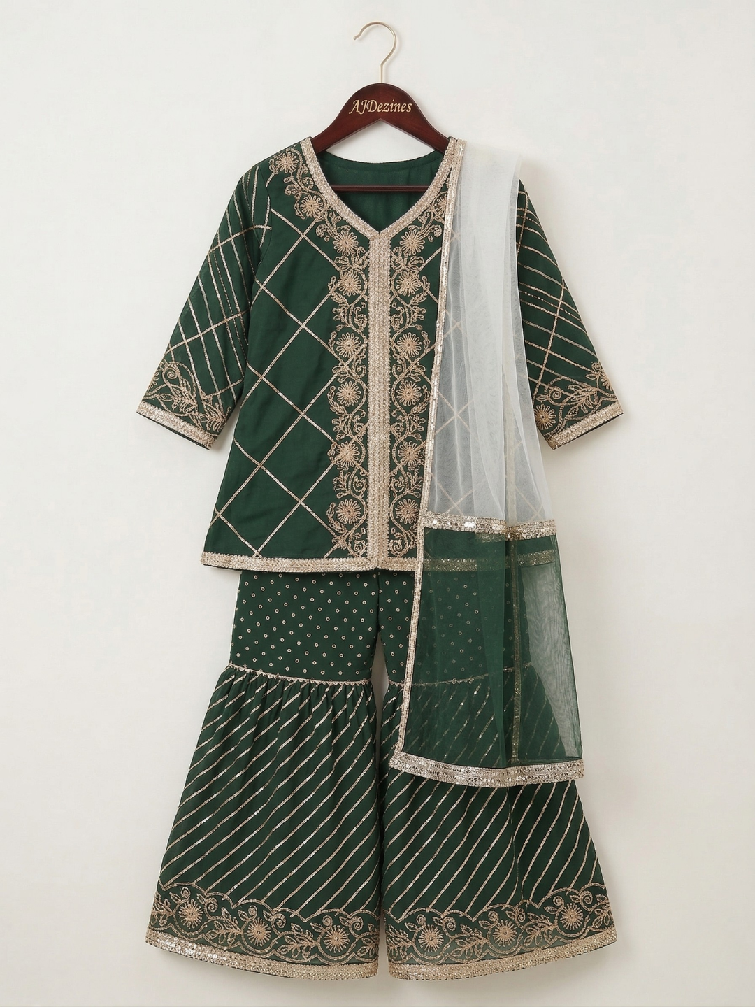 Green Sequins and Embroidery Georgette Girls Suit Set For Girls