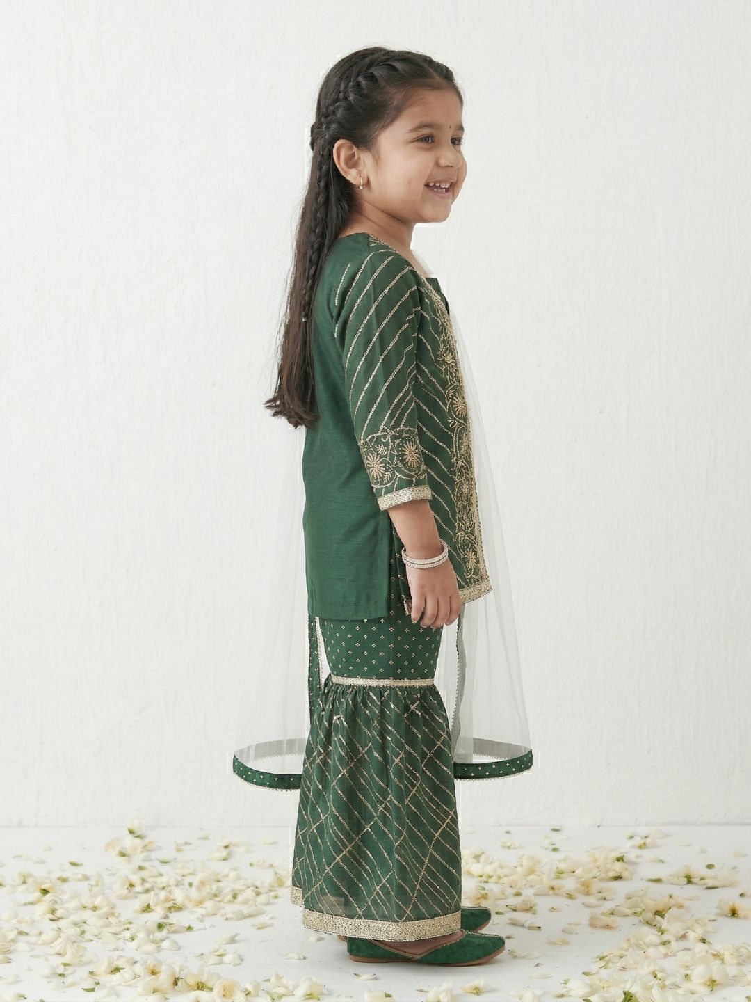 AJ Dezines Green V-Neck Georgette Girls Suit Set