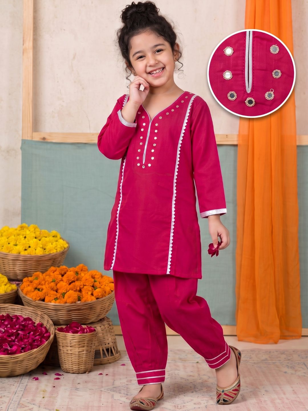 Pink Neckline Mirror Embroidery With Gota Work Pure Cotton Suit Set For Girls
