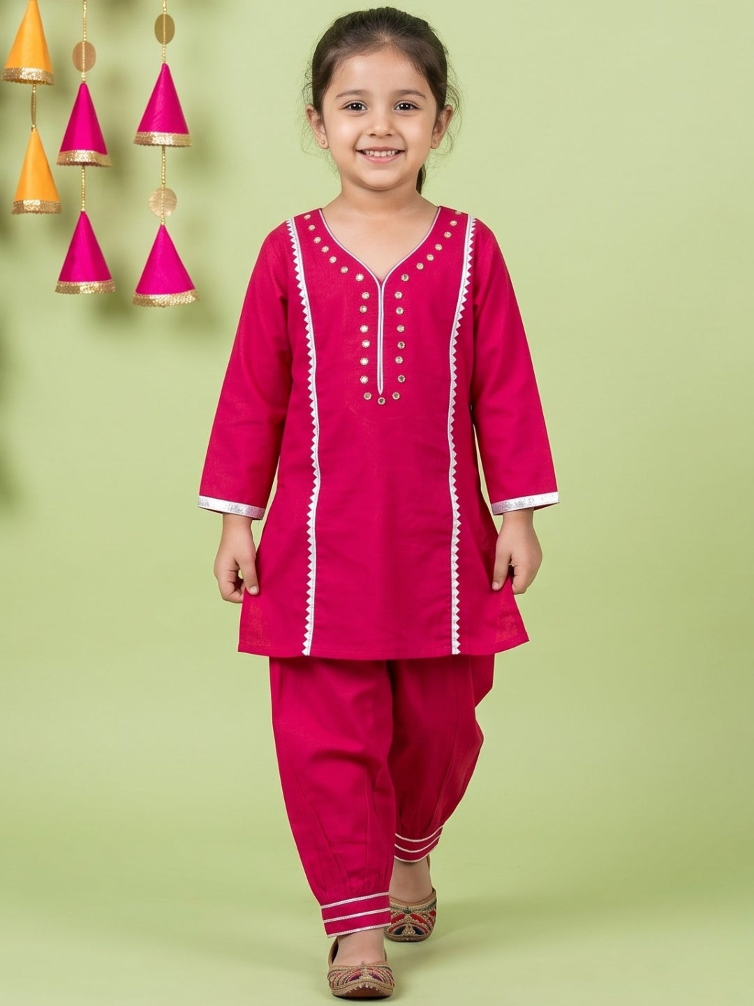 AJ Dezines Pink Neckline Mirror Embroidery With Gota Work Pure Cotton Suit Set For Girls