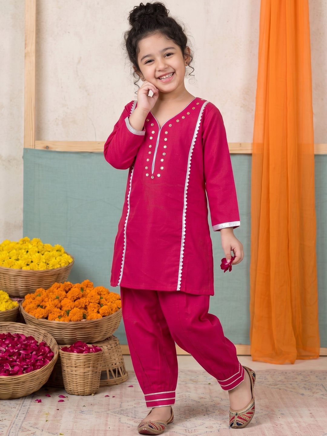 Pink Neckline Mirror Embroidery With Gota Work Pure Cotton Suit Set For Girls