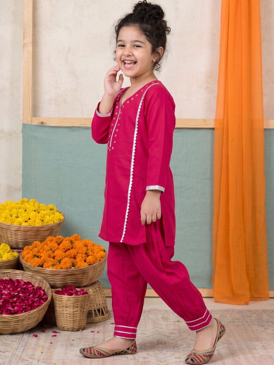 Pink Neckline Mirror Embroidery With Gota Work Pure Cotton Suit Set For Girls