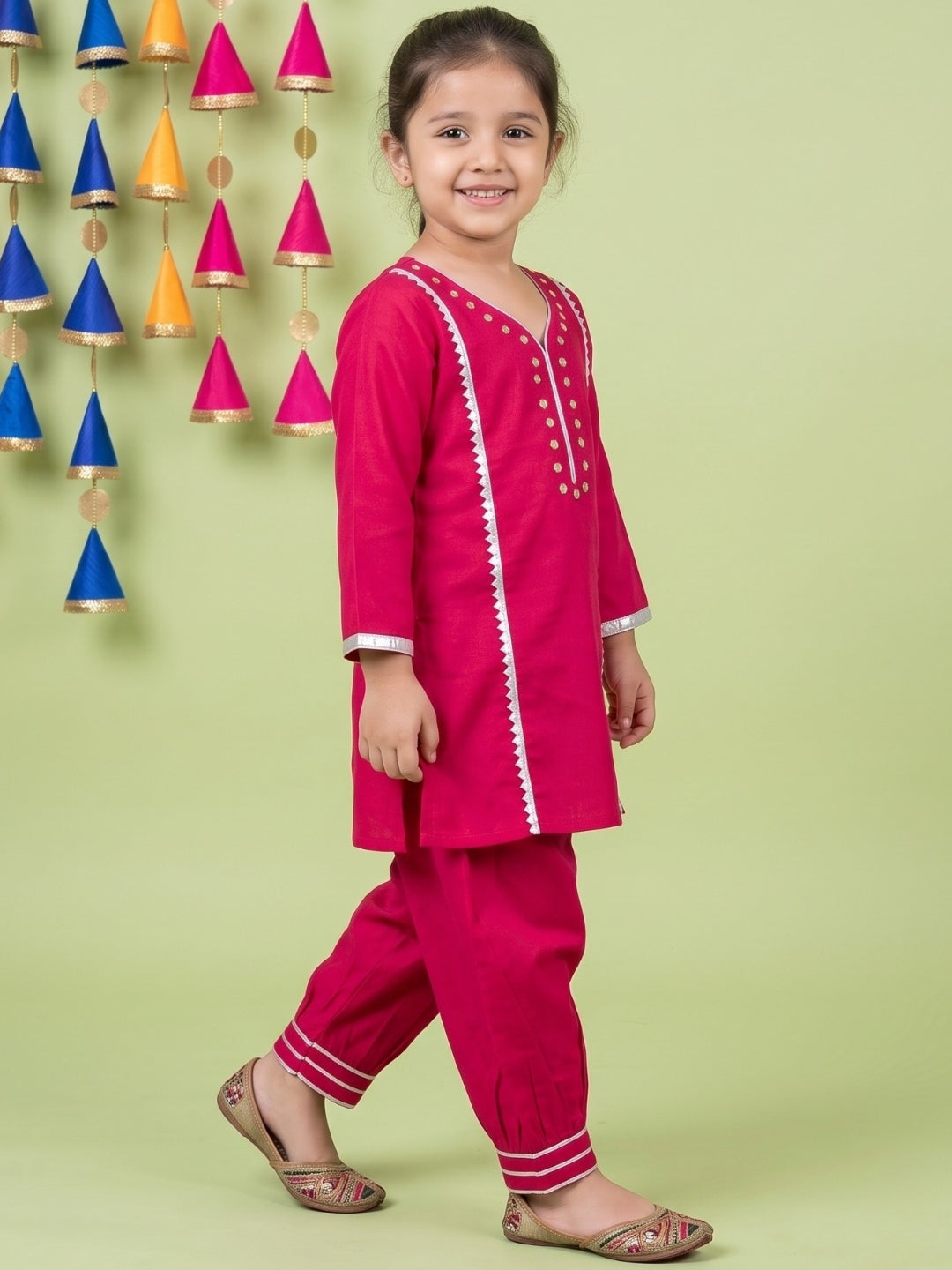 AJ Dezines Pink Neckline Mirror Embroidery With Gota Work Pure Cotton Suit Set For Girls