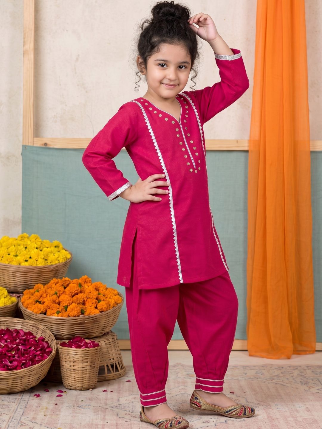 Pink Neckline Mirror Embroidery With Gota Work Pure Cotton Suit Set For Girls