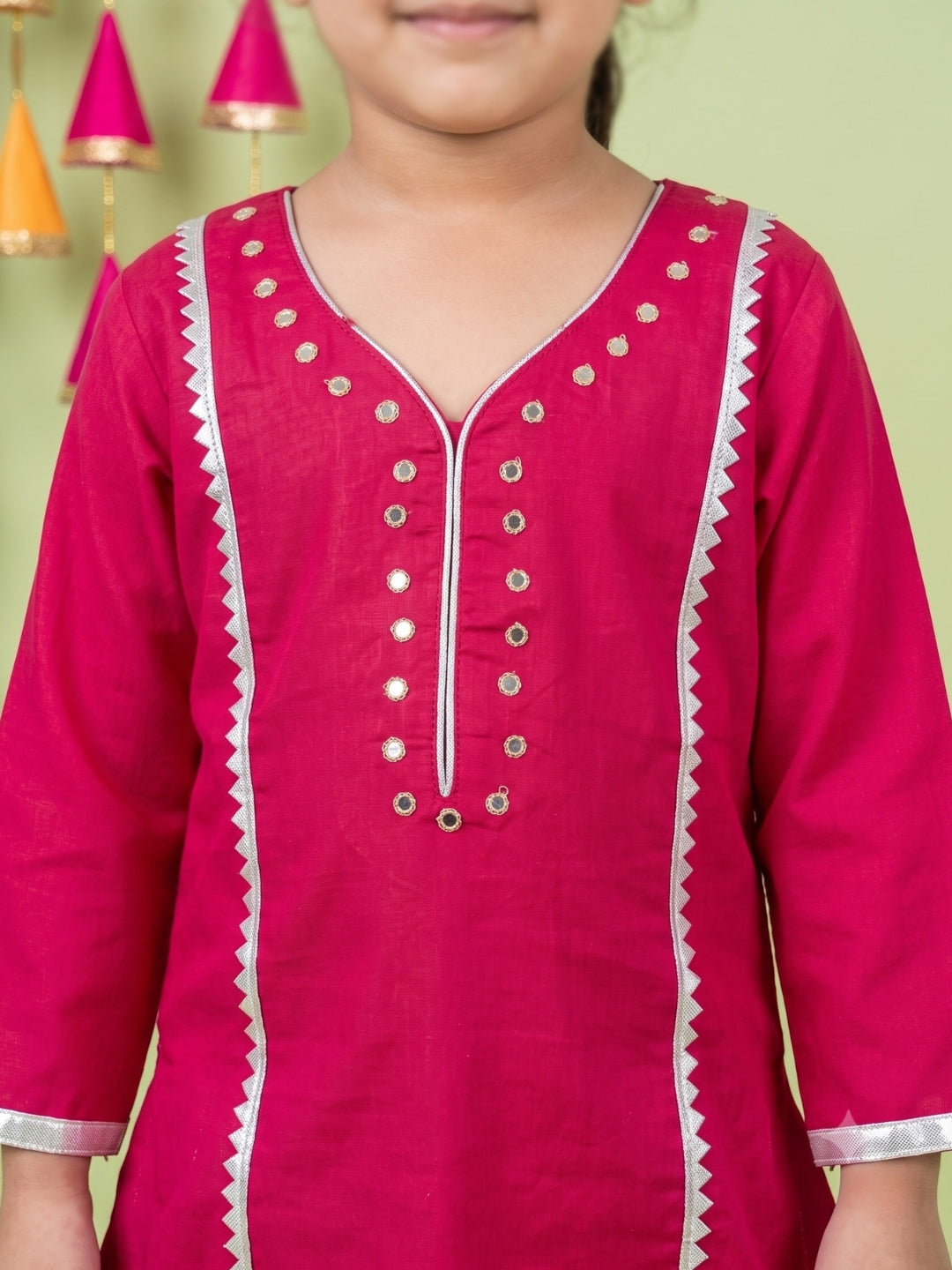 AJ Dezines Pink Neckline Mirror Embroidery With Gota Work Pure Cotton Suit Set For Girls