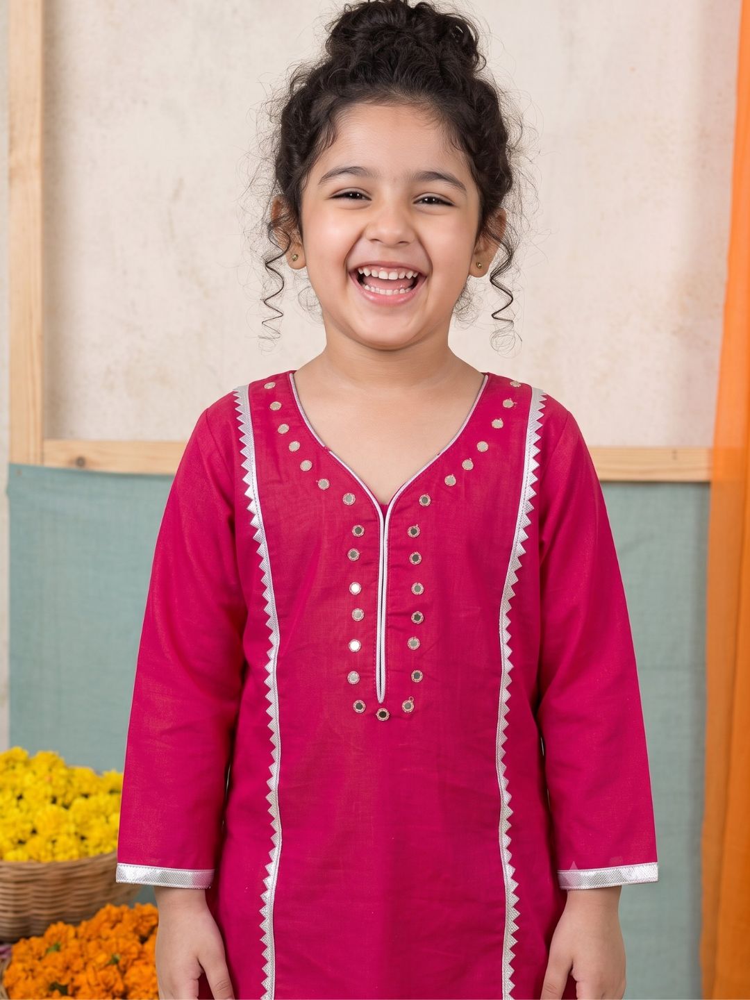 Pink Neckline Mirror Embroidery With Gota Work Pure Cotton Suit Set For Girls