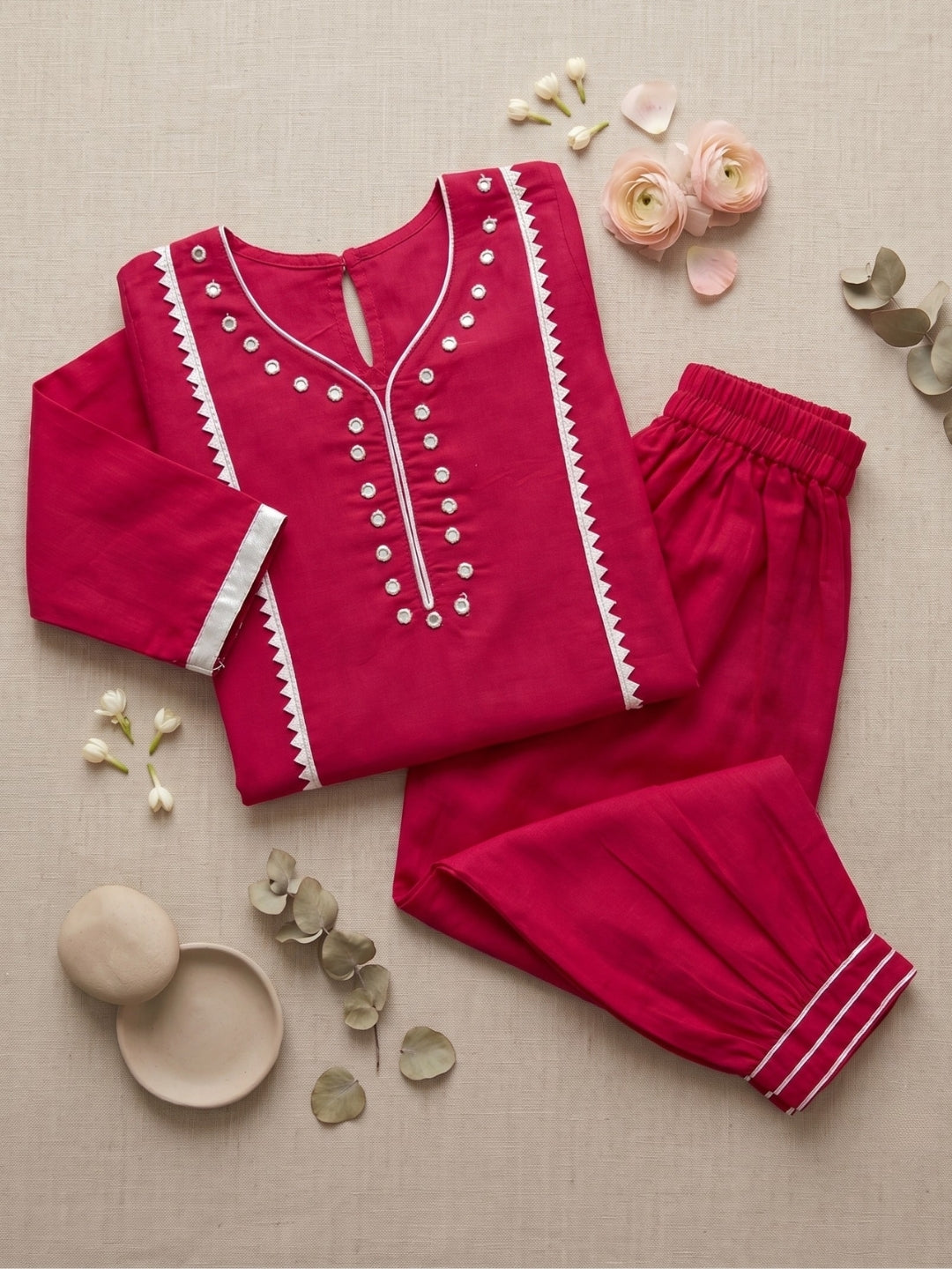 AJ Dezines Pink Neckline Mirror Embroidery With Gota Work Pure Cotton Suit Set For Girls