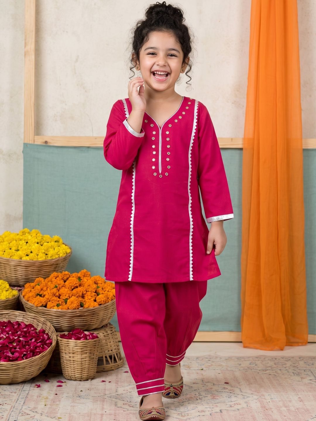 Pink Neckline Mirror Embroidery With Gota Work Pure Cotton Suit Set For Girls