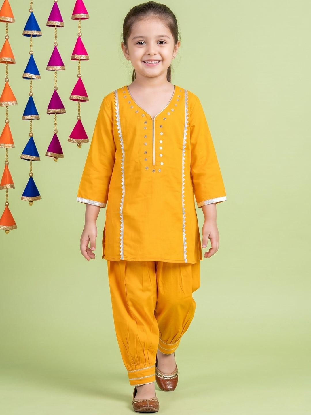 AJ Dezines Yellow Neckline Mirror Embroidery With Gota Work Pure Cotton Suit Set For Girls