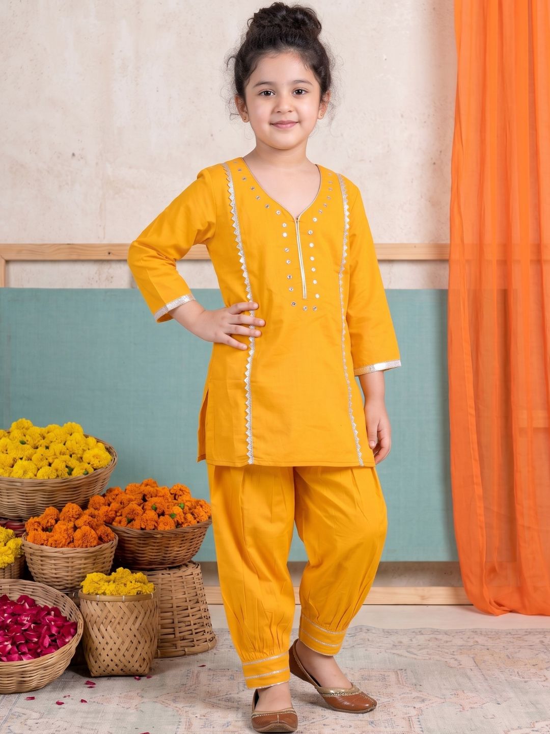 Yellow Neckline Mirror Embroidery With Gota Work Pure Cotton Suit Set For Girls