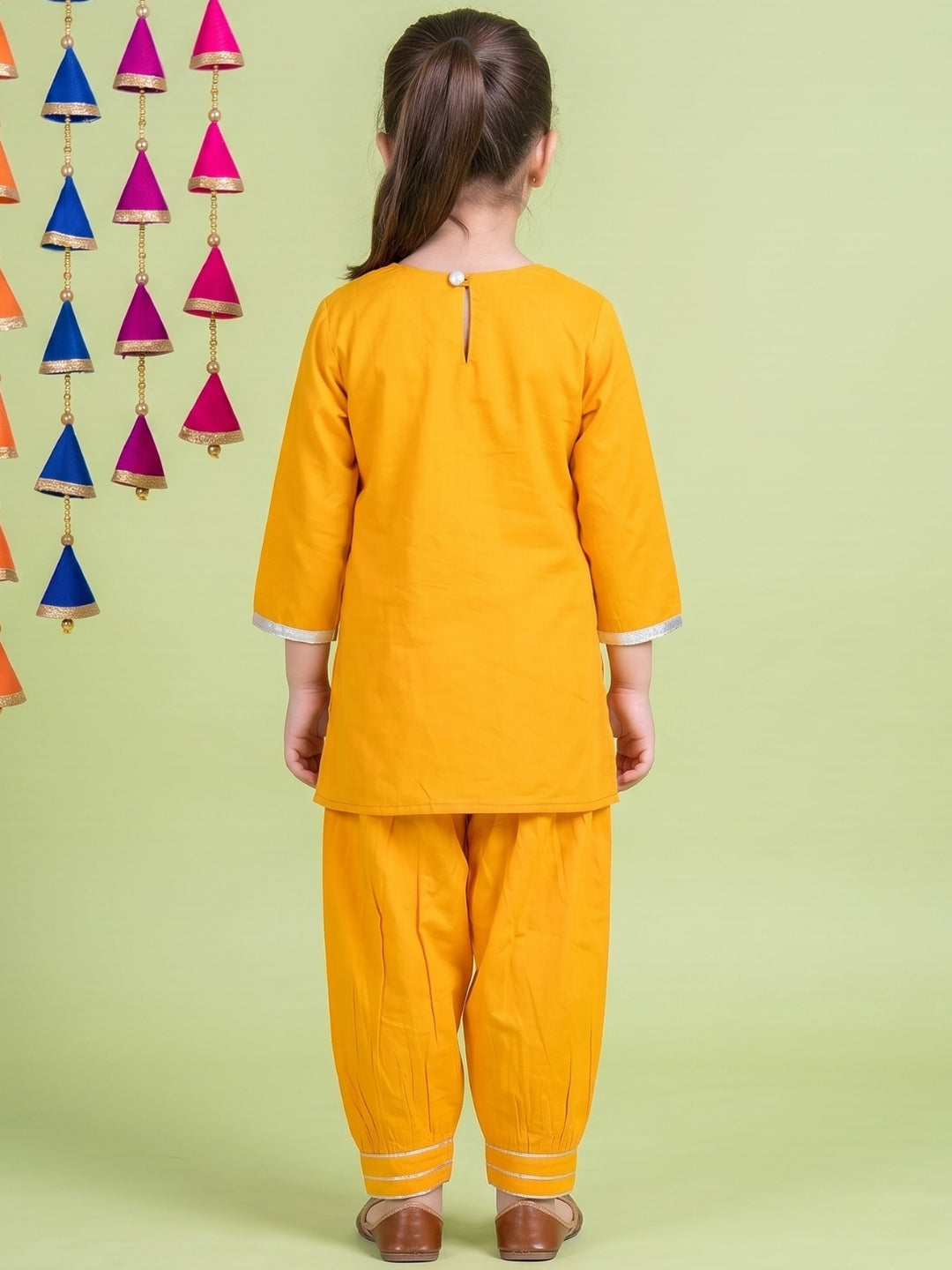 AJ Dezines Yellow Neckline Mirror Embroidery With Gota Work Pure Cotton Suit Set For Girls