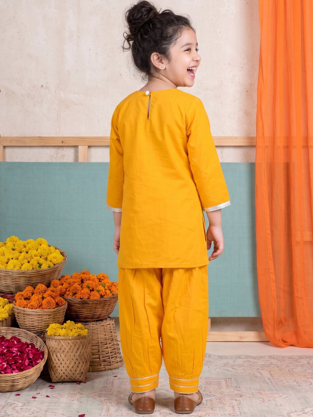 Yellow Neckline Mirror Embroidery With Gota Work Pure Cotton Suit Set For Girls
