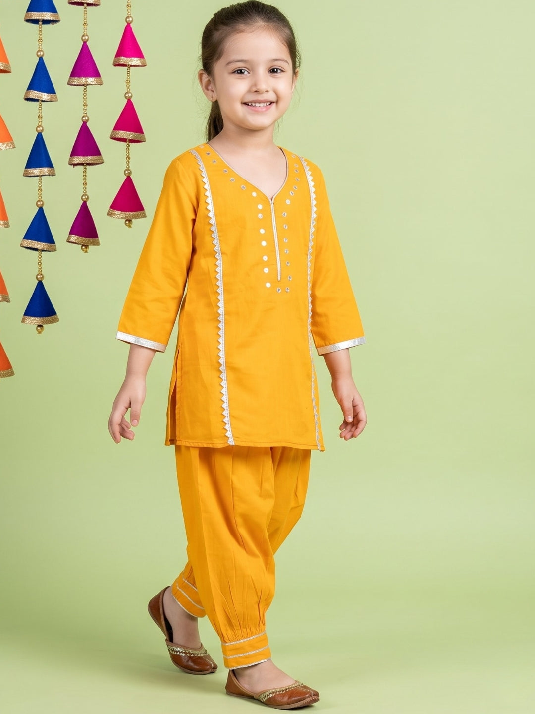AJ Dezines Yellow Neckline Mirror Embroidery With Gota Work Pure Cotton Suit Set For Girls