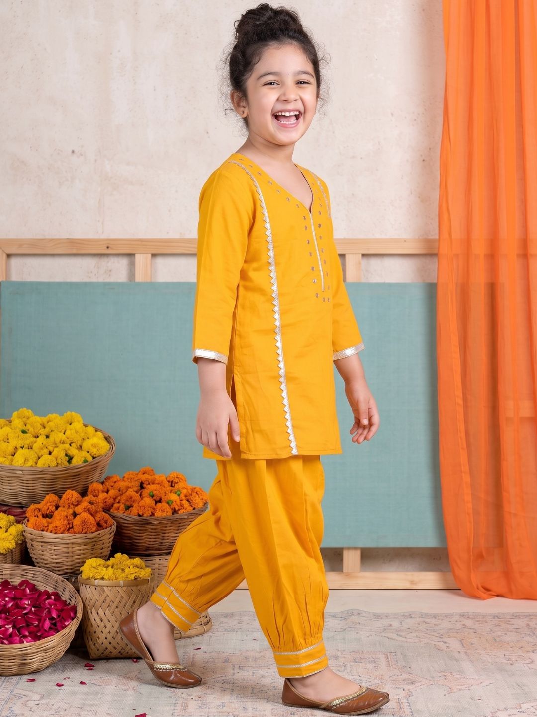 Yellow Neckline Mirror Embroidery With Gota Work Pure Cotton Suit Set For Girls