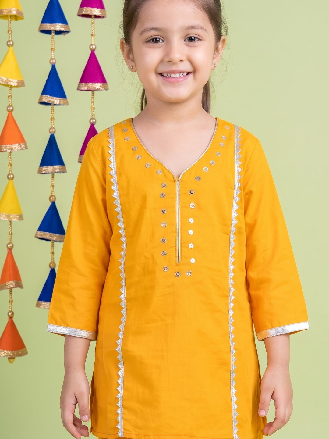 AJ Dezines Yellow Neckline Mirror Embroidery With Gota Work Pure Cotton Suit Set For Girls
