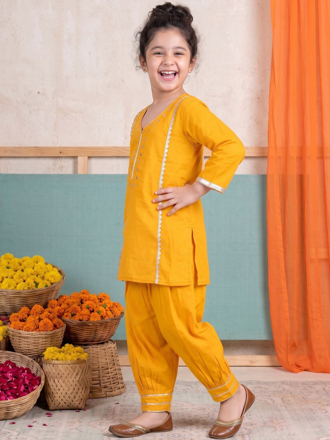 Yellow Neckline Mirror Embroidery With Gota Work Pure Cotton Suit Set For Girls