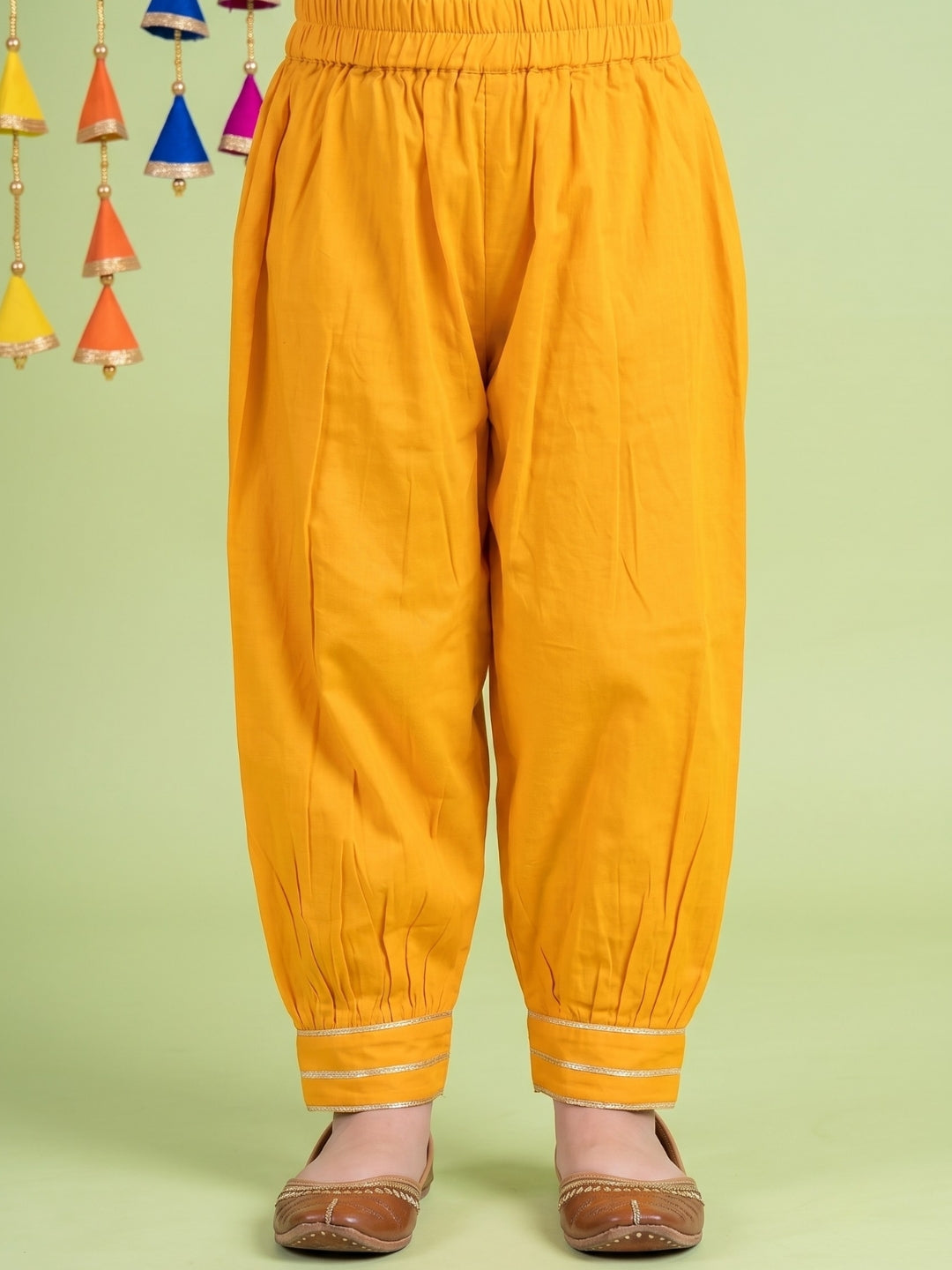 AJ Dezines Yellow Neckline Mirror Embroidery With Gota Work Pure Cotton Suit Set For Girls