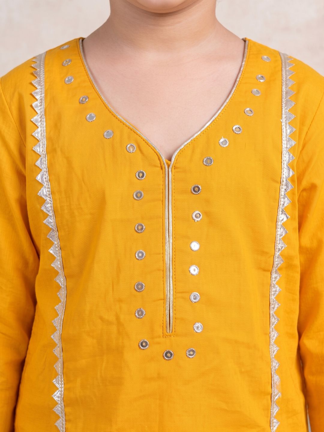 Yellow Neckline Mirror Embroidery With Gota Work Pure Cotton Suit Set For Girls