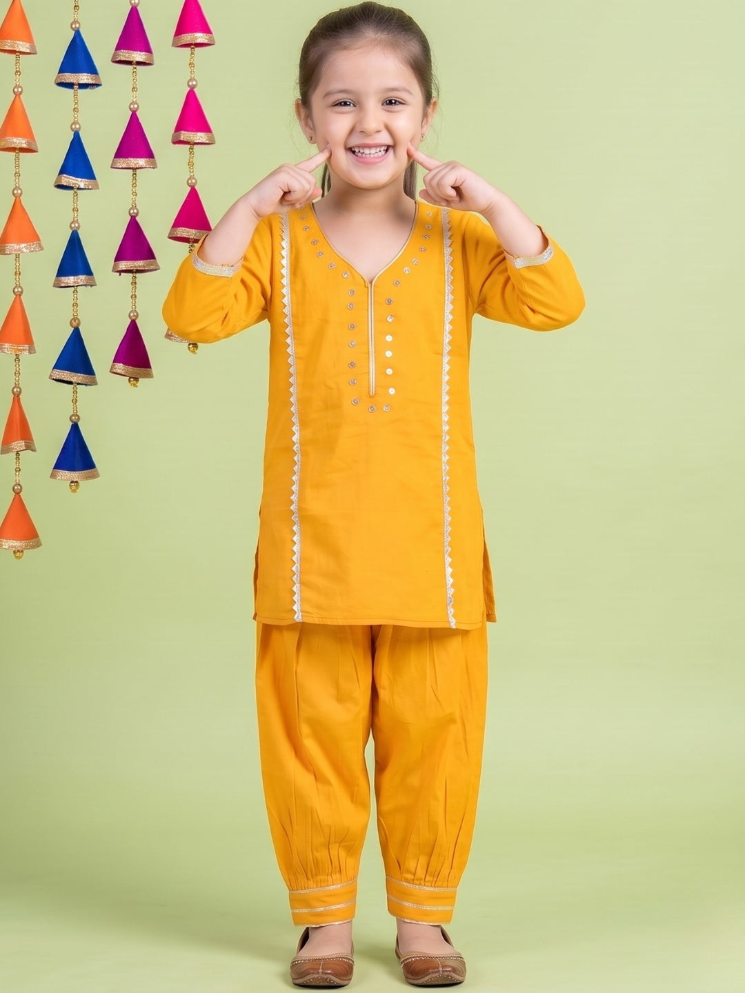 AJ Dezines Yellow Neckline Mirror Embroidery With Gota Work Pure Cotton Suit Set For Girls