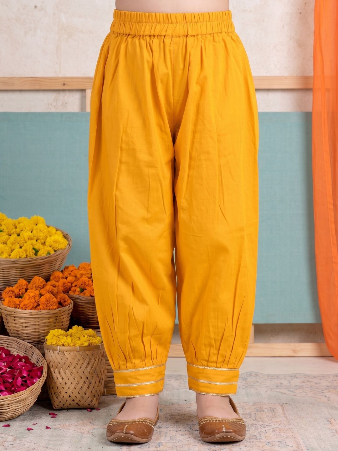 Yellow Neckline Mirror Embroidery With Gota Work Pure Cotton Suit Set For Girls