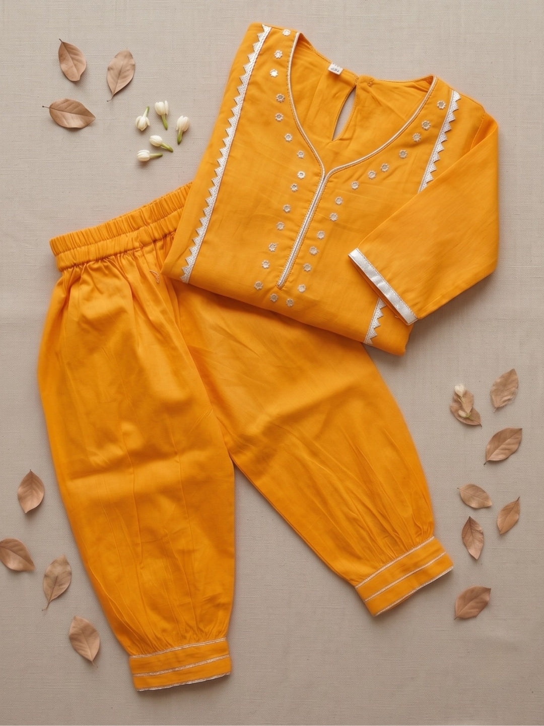 AJ Dezines Yellow Neckline Mirror Embroidery With Gota Work Pure Cotton Suit Set For Girls