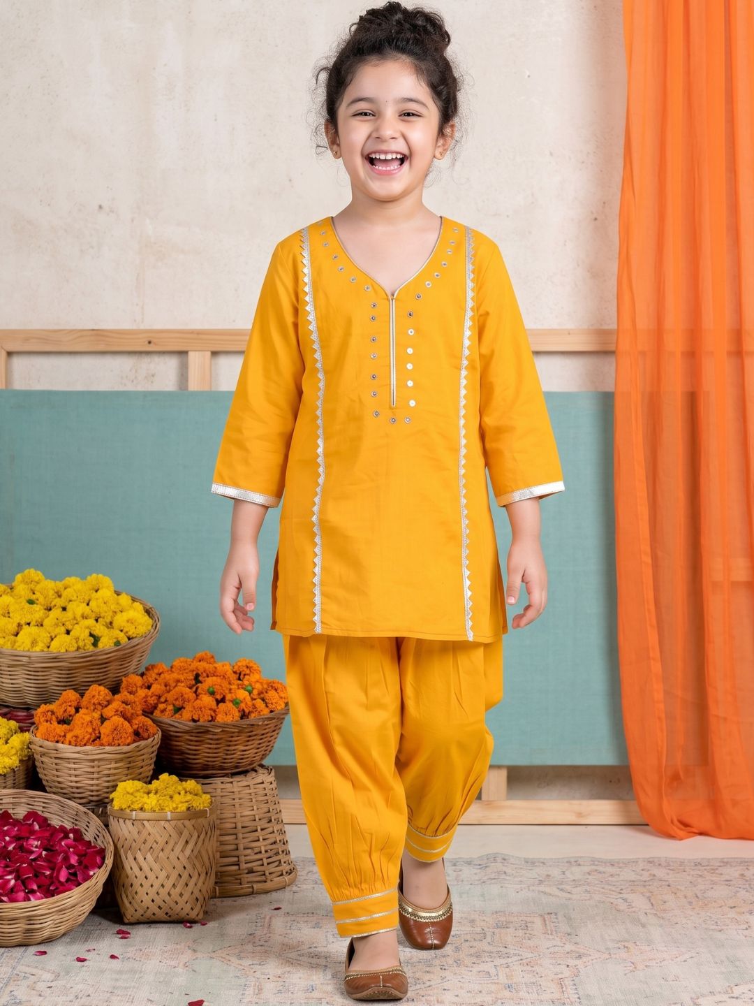 Yellow Neckline Mirror Embroidery With Gota Work Pure Cotton Suit Set For Girls