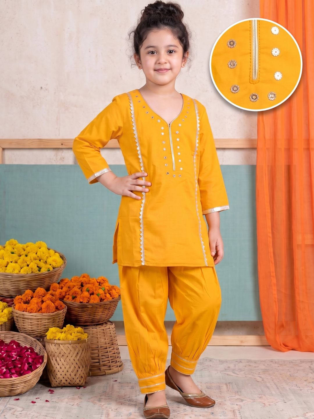 Yellow Neckline Mirror Embroidery With Gota Work Pure Cotton Suit Set For Girls